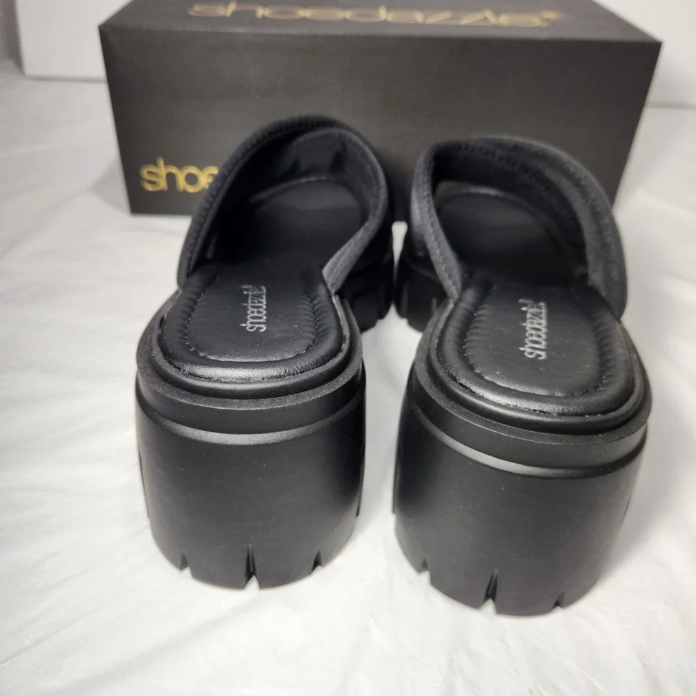 Shoe Dazzle Womens Chunky Wedge Sandal Slip On Slides Size 8.5‎ Black